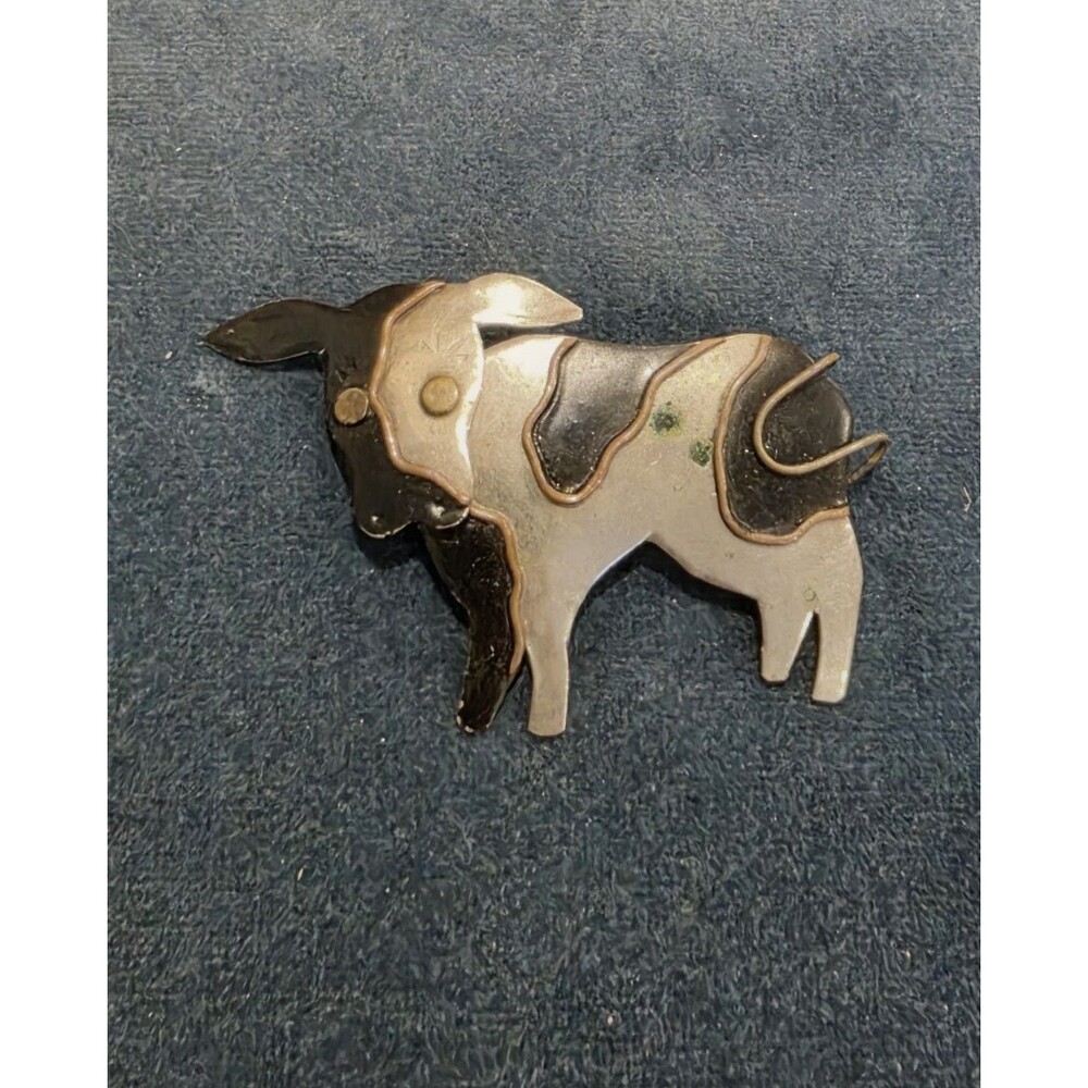 Vintage Mexican Mixed Metal Cow Brooch Pin Taxco Style Copper Brass Bovine
